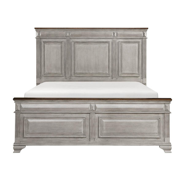 Marquette king bed with two-tone gray and brown oak veneer front view