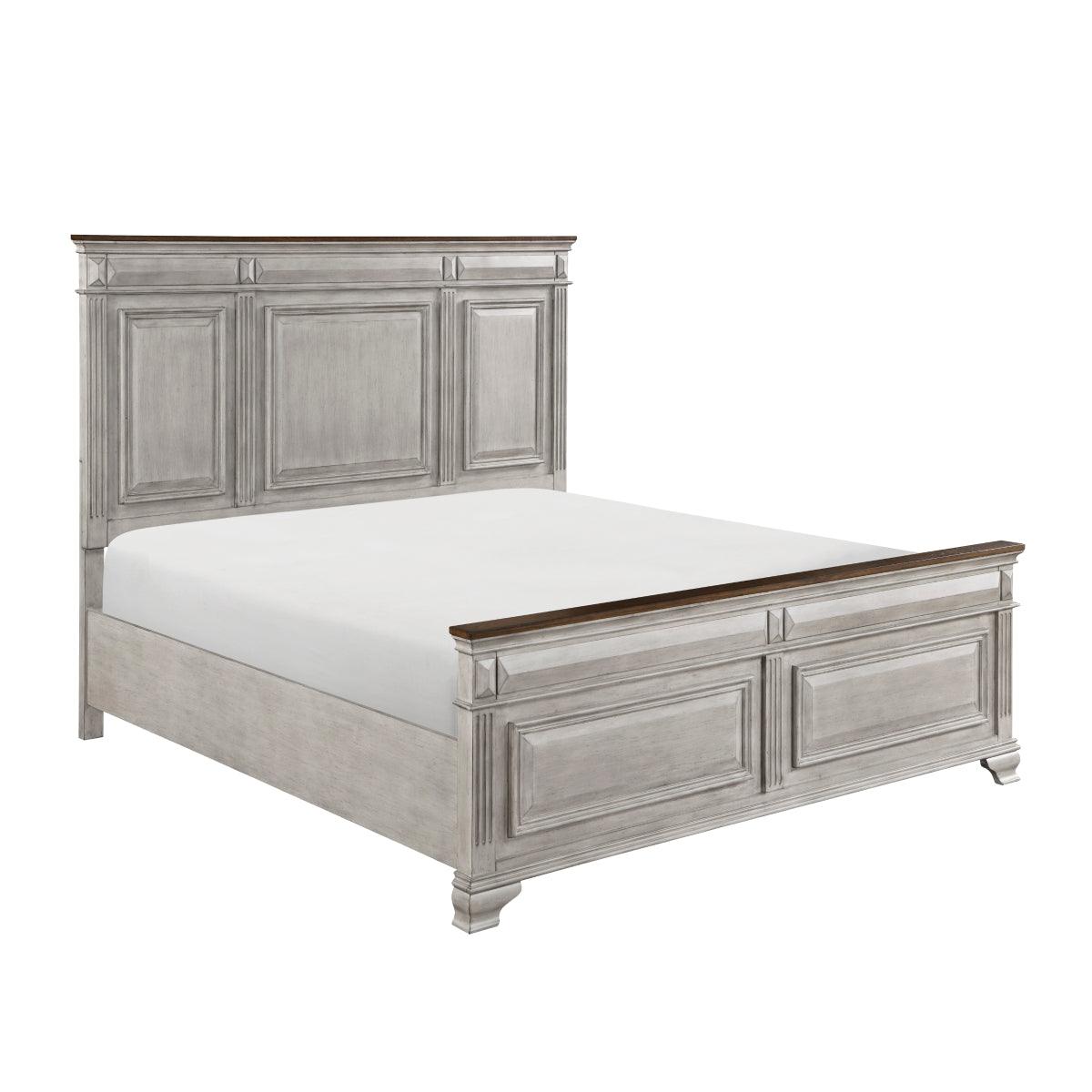 Side view of Marquette gray brown oak king bed showing panel headboard and footboard