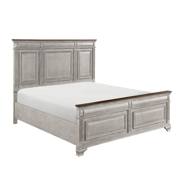 Side view of Marquette gray brown oak king bed showing panel headboard and footboard
