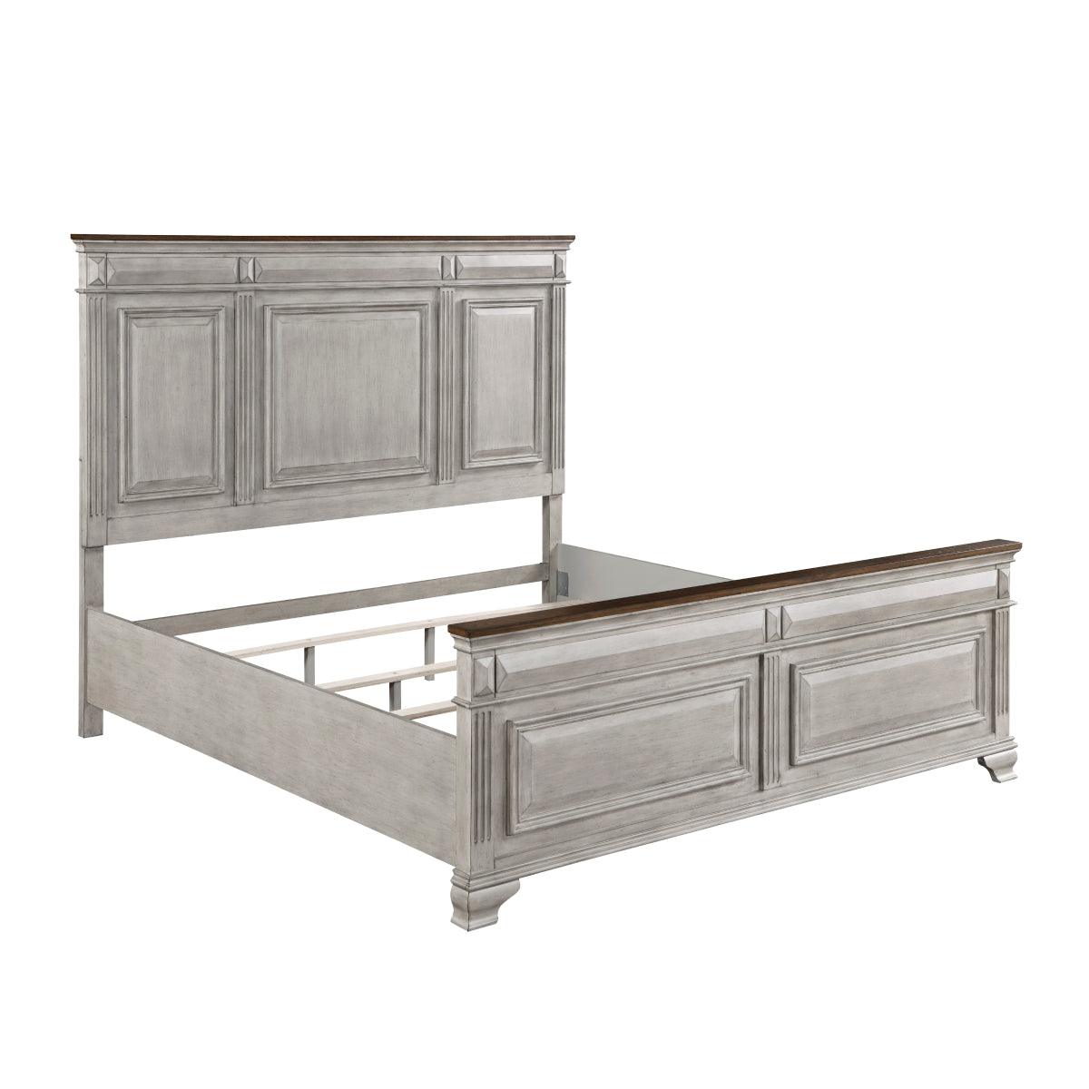 Side angle of Marquette gray brown oak king bed illustrating molding details