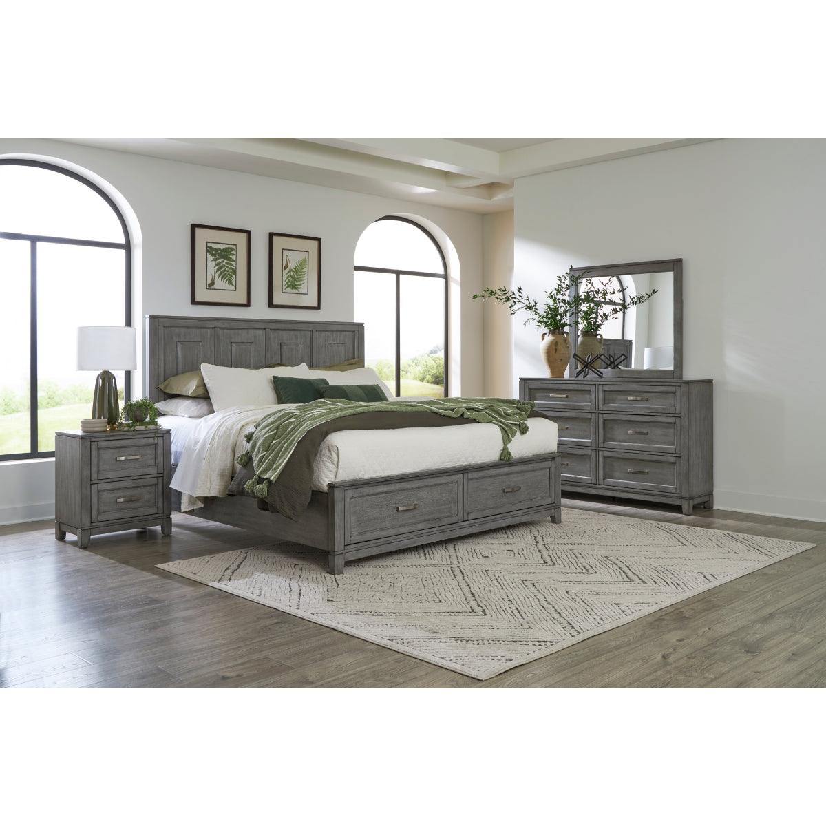 Garretson Gray King Bed fully assembled in bedroom setting