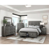 Close up of satin nickel-tone bar pull hardware on Garretson footboard drawers