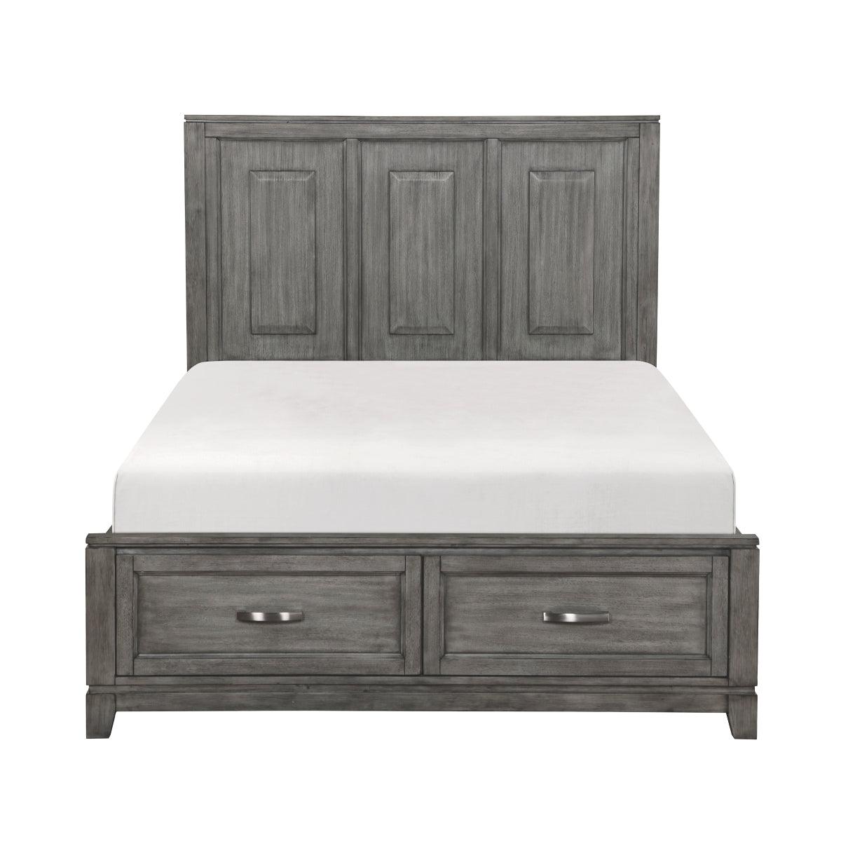 Garretson Gray Storage King Platform Bed front view showing footboard drawers