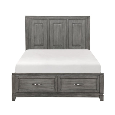 Garretson Gray Storage King Platform Bed front view showing footboard drawers