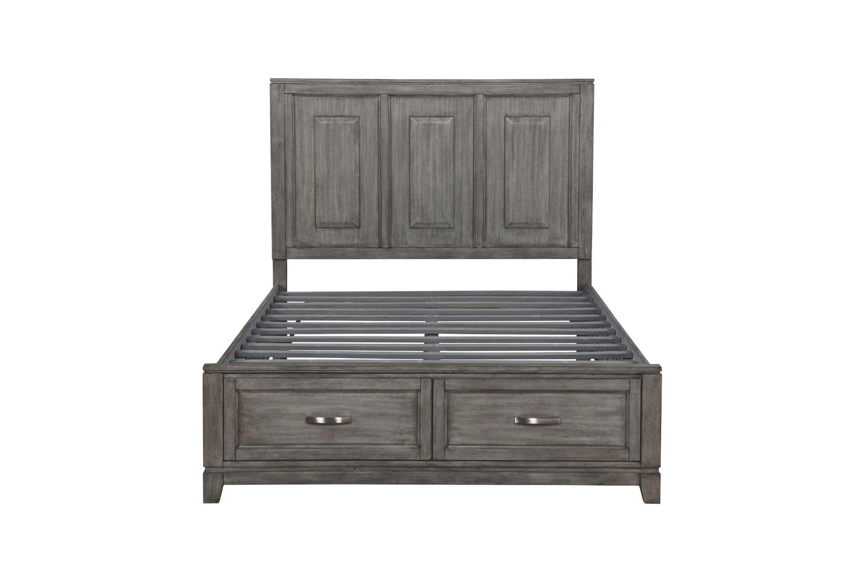Garretson Gray Storage Bedroom Set bed side view with storage open