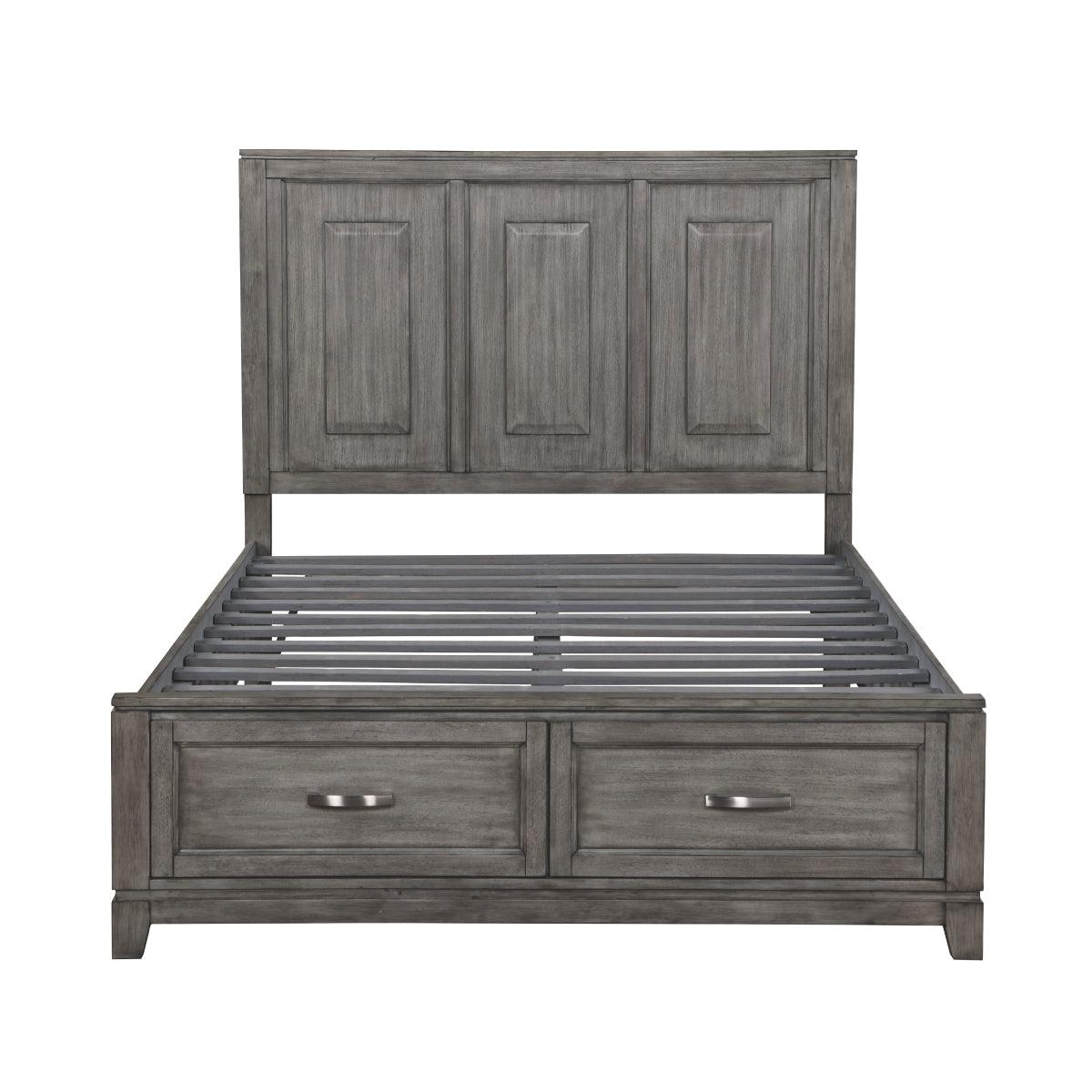 Footboard detail with metal bar hardware and dovetail drawers on Garretson bed