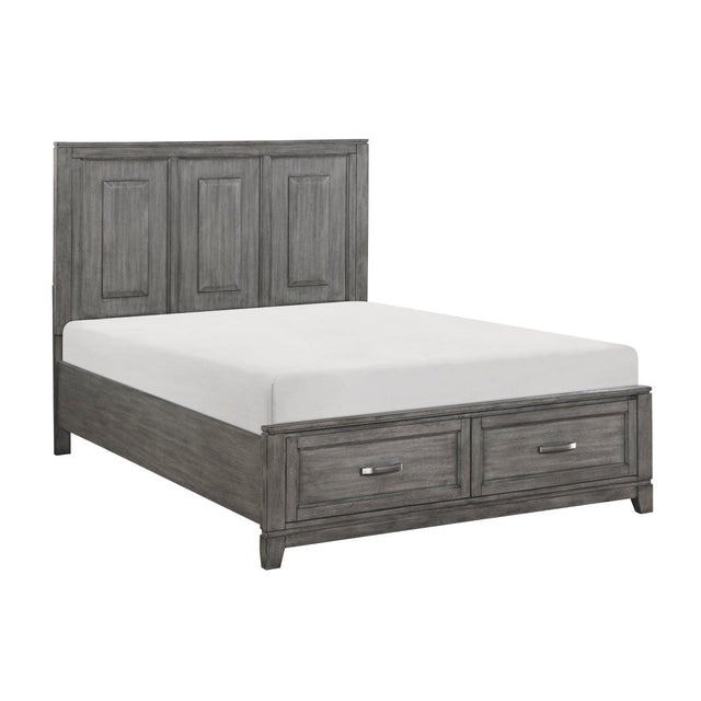 Side angle of Garretson Gray Storage King Platform Bed highlighting gray okume veneer