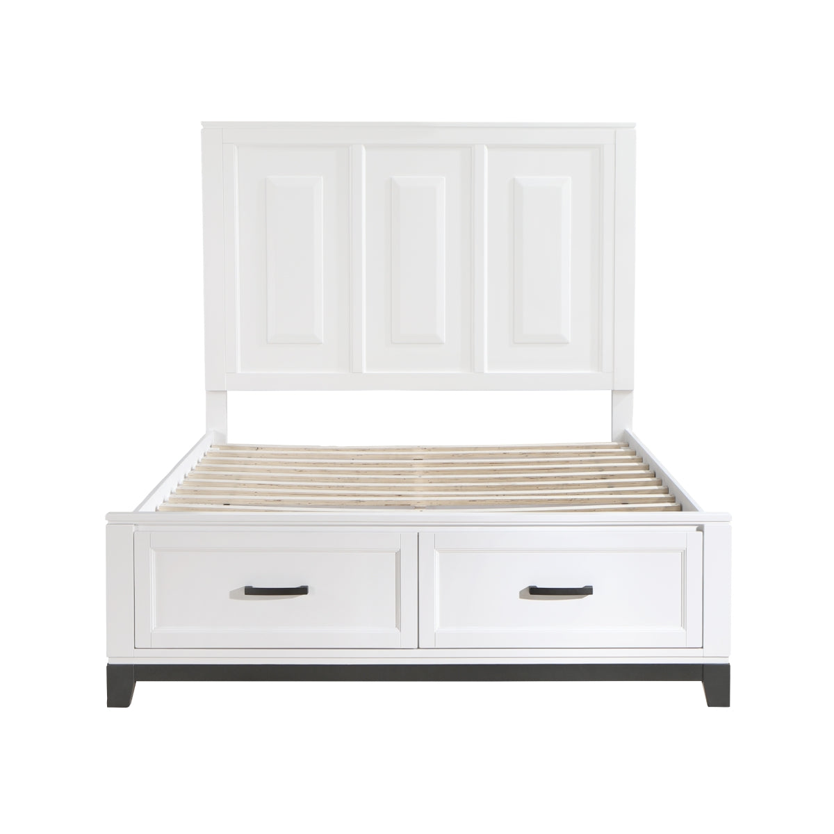 Hela white queen bed close-up of metal bar hardware on drawer