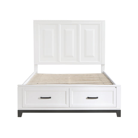 Hela white queen bed close-up of metal bar hardware on drawer