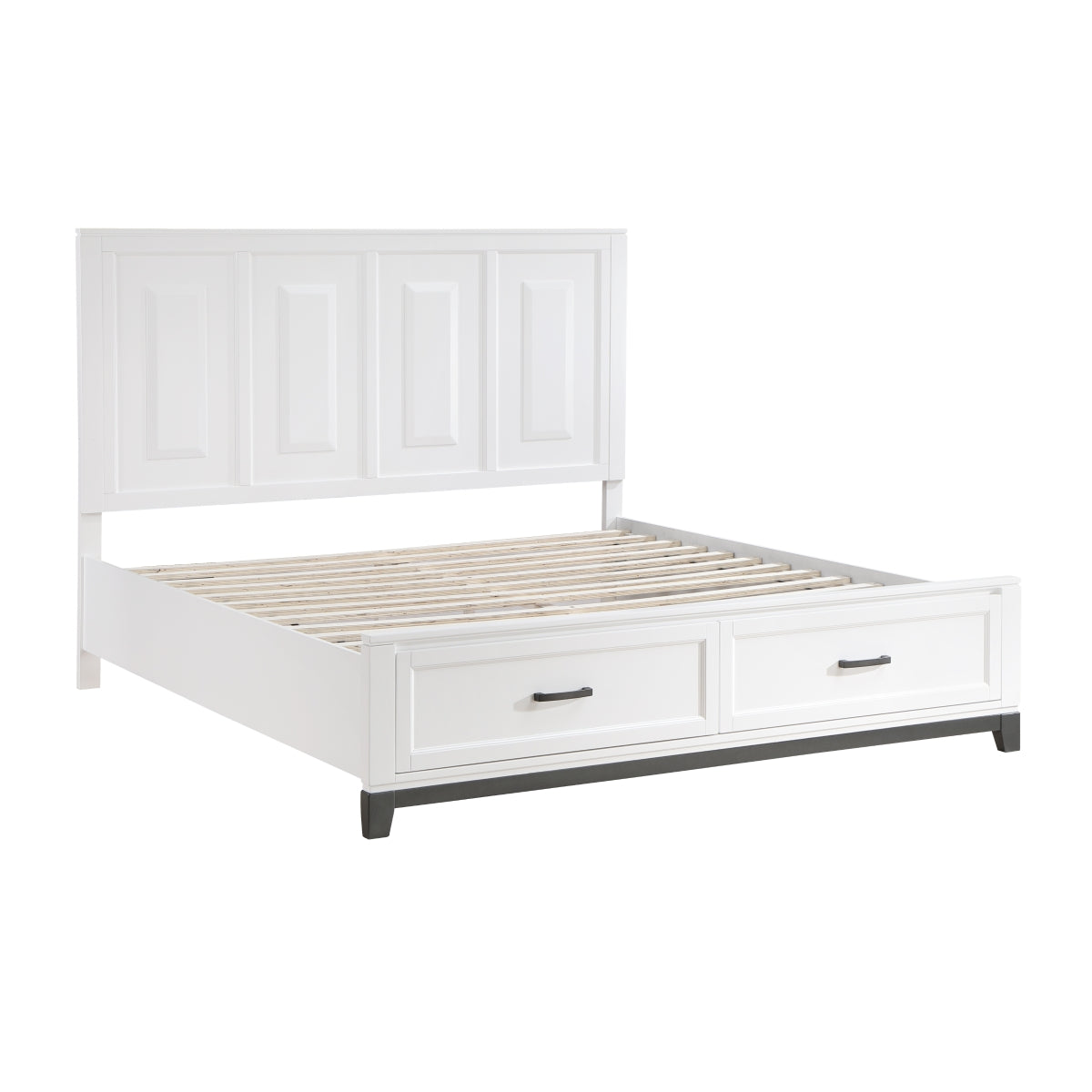 Detail of two-tone white and metallic gray finish on headboard