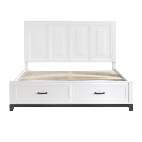 Side angle of Hela White King Storage Platform Bed showing footboard drawers