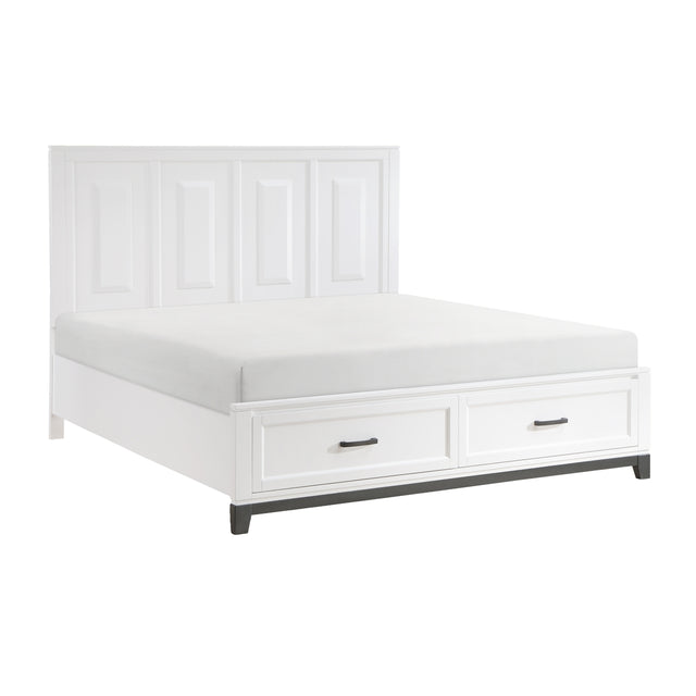 Close-up of satin nickel tone metal bar handles on footboard drawers