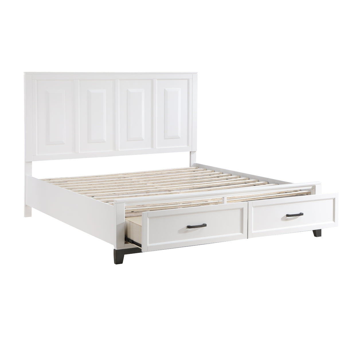 King platform bed assembled in a bedroom setting