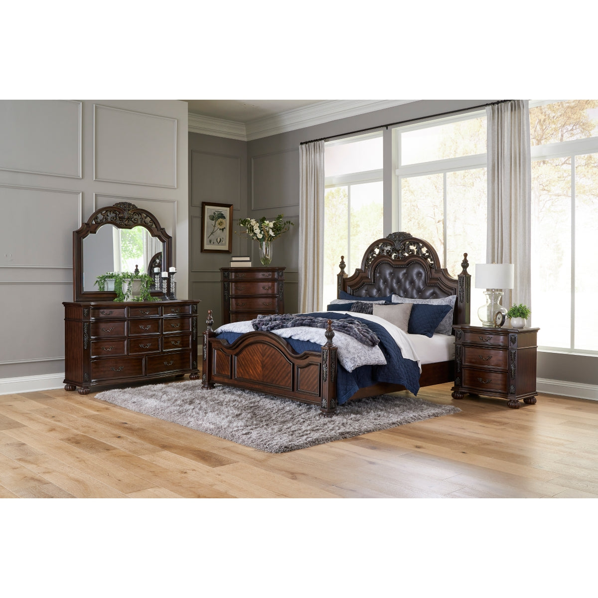 Full view of cherry finish queen bed with bun feet