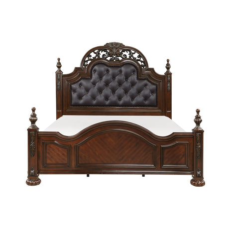 Owen Cherry Upholstered Panel King Bed front left angle