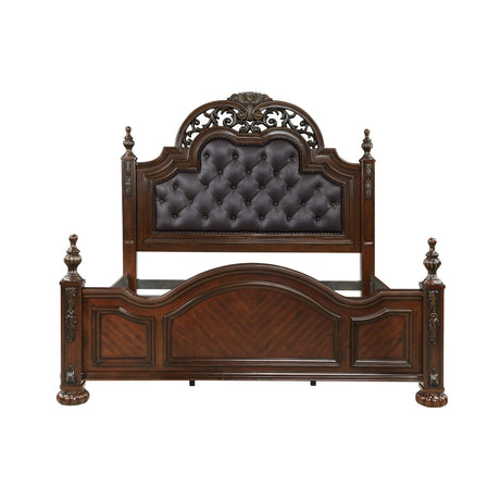 Owen Cherry Upholstered Panel King Bed front right angle