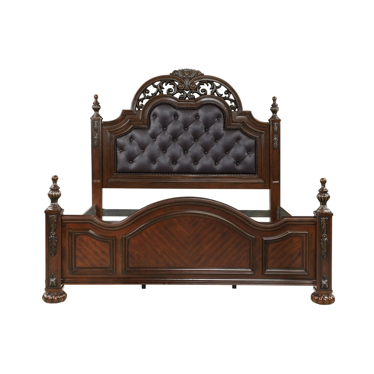 Close-up of button tufting on bed's faux leather headboard