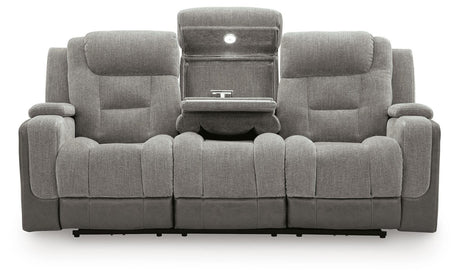 Mixed Motion Shadow Chenille / Faux Leather Power Reclining Sofa — front view