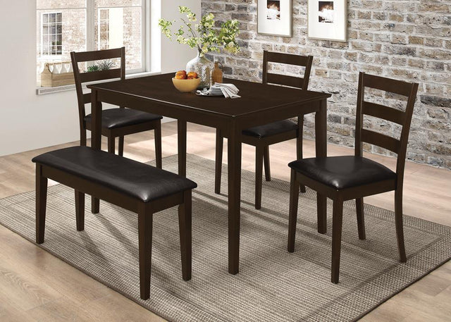 Main view of cappuccino and dark brown rectangular dining room set with table and seating