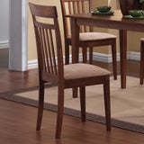 Close-up detail of chair upholstery and wood finish in chestnut set