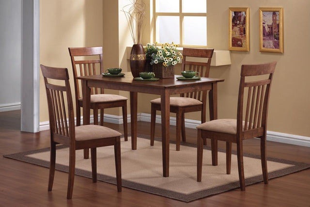 Front view of chestnut rectangular dining table with four tan microfiber chairs