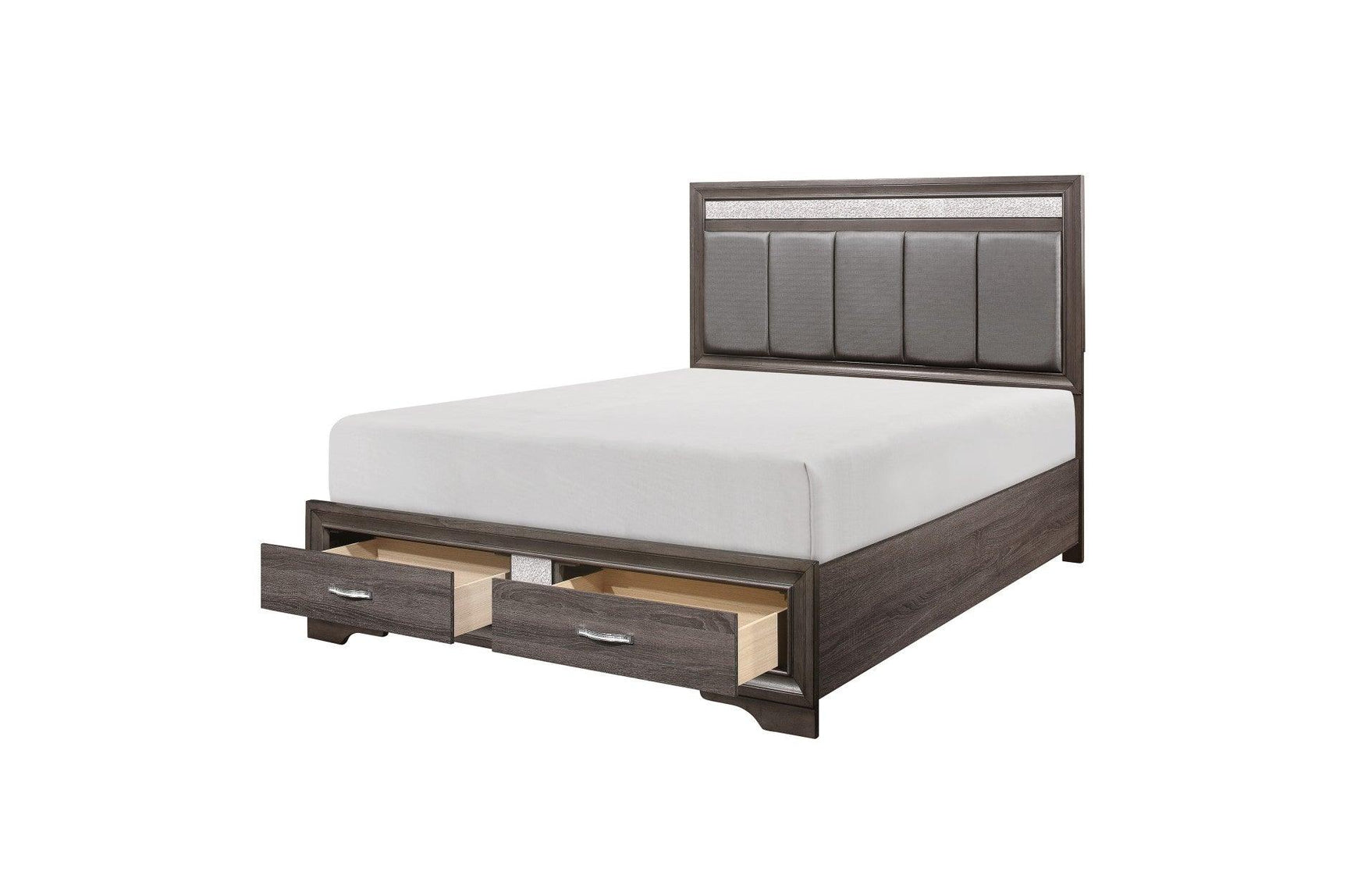 main view of Luster Gray Faux Leather Storage Platform Bed with storage open