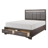 Open footboard drawer of Luster Gray King Platform Bed showing storage space