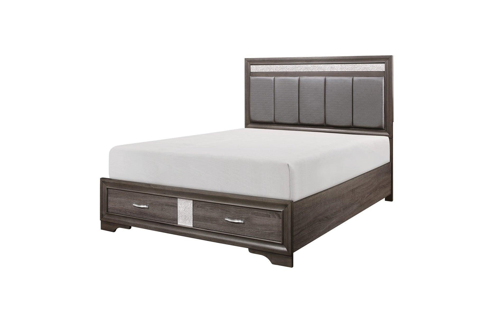 bedroom view of Luster Gray Faux Leather Storage Platform Bed