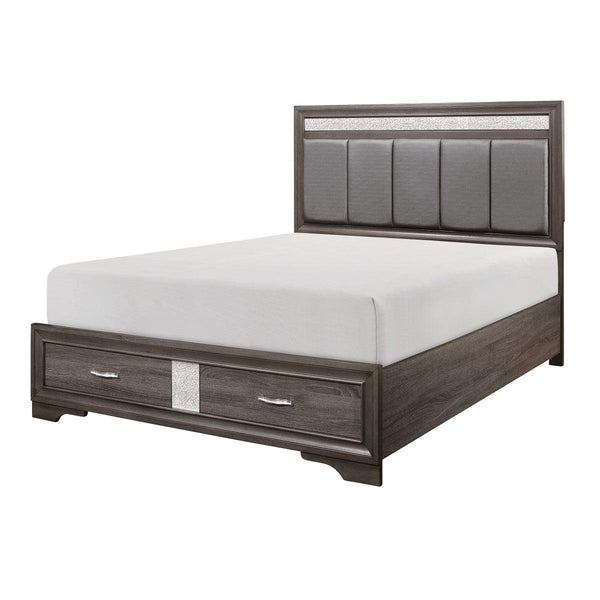 Side view of Luster Gray King Platform Bed with faux leather and silver glitter accents
