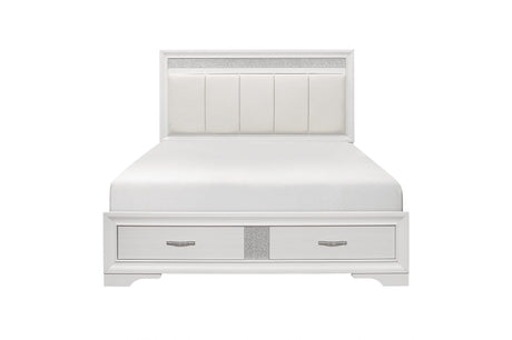 Side view of Luster White Faux Leather Storage Platform Bed