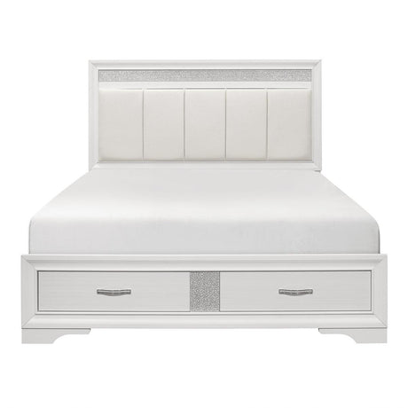Luster white and silver faux leather king platform bed front view