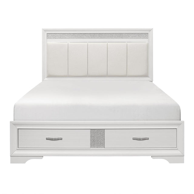 Luster white and silver faux leather king platform bed front view