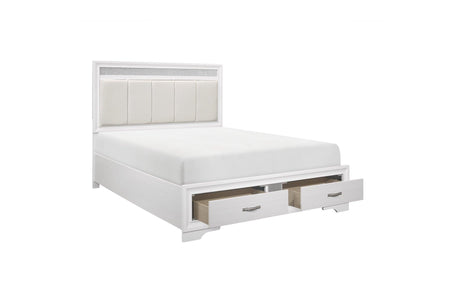 Open storage view of Luster White Faux Leather Storage Platform Bed