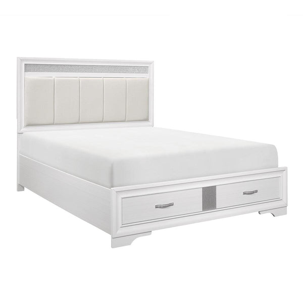 Side angle of Luster white and silver king platform bed