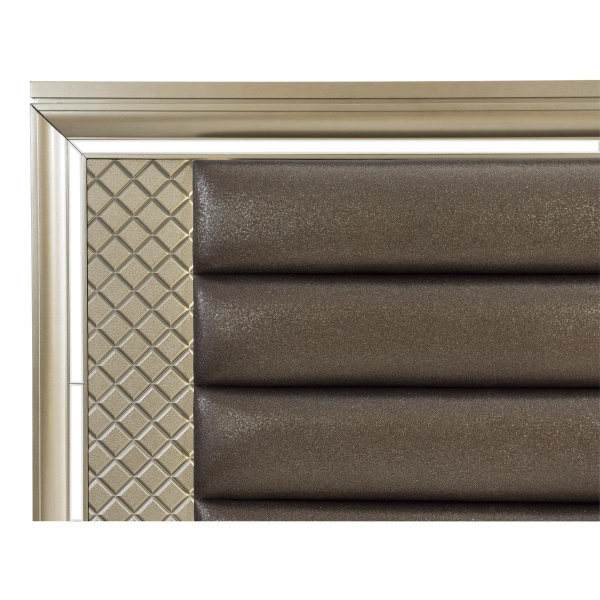 Detail of embossed diamond pattern and mirrored trim on headboard
