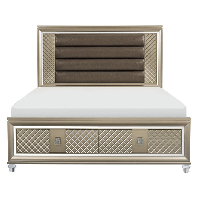 Loudon Champagne Faux Leather Upholstered King Storage Platform Bed front view