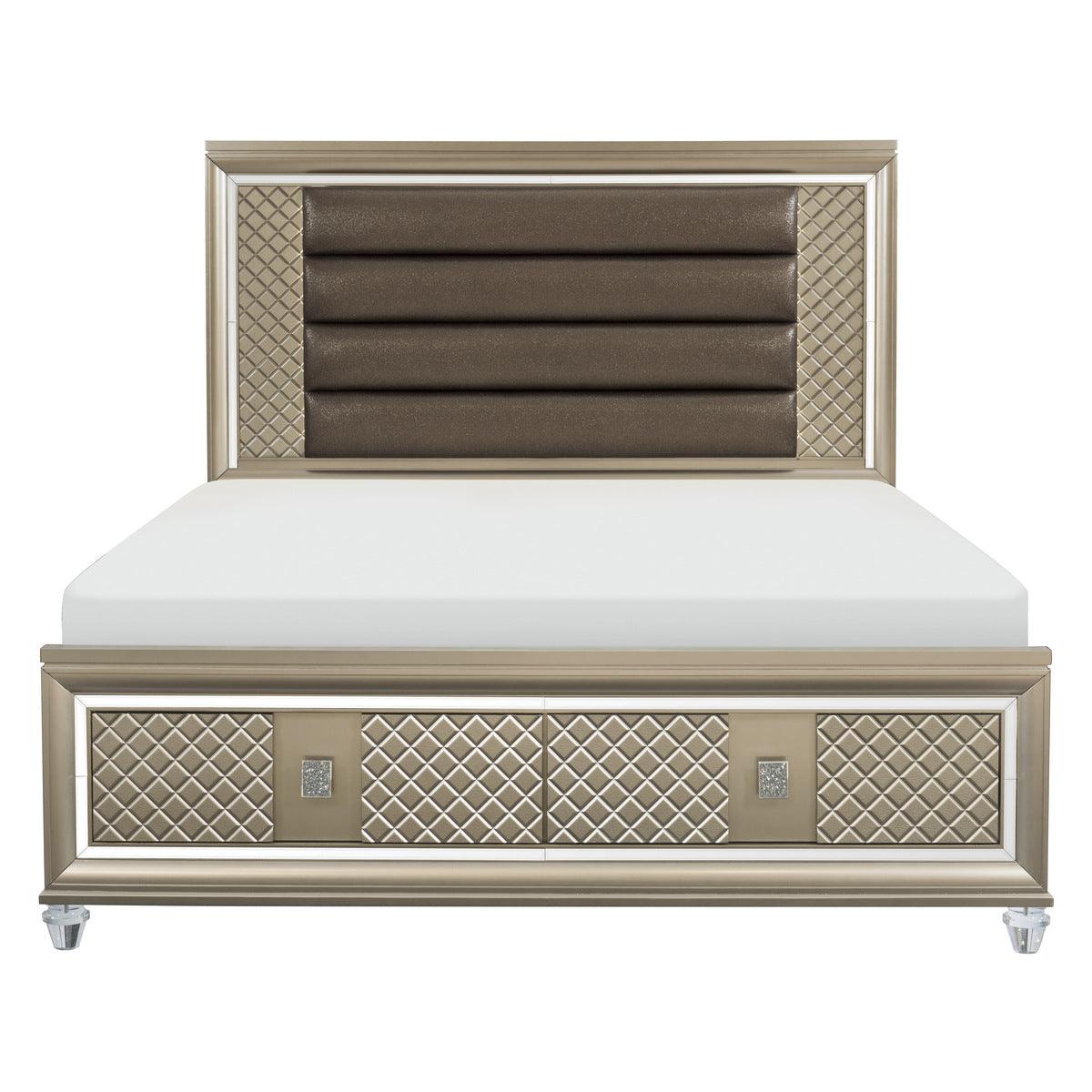 Loudon Champagne Faux Leather LED Storage Platform Queen Bed front view
