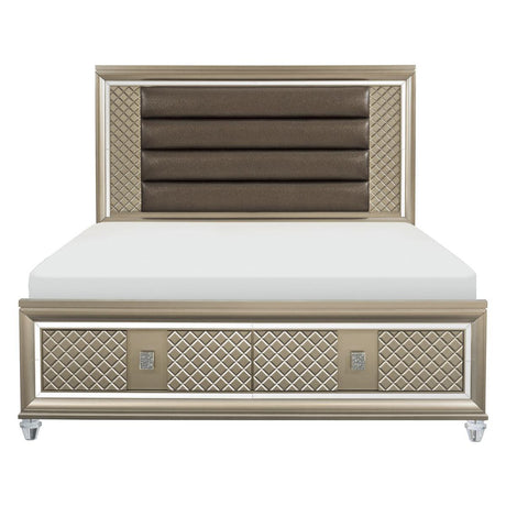 Loudon Champagne Faux Leather LED Storage Platform Queen Bed front view