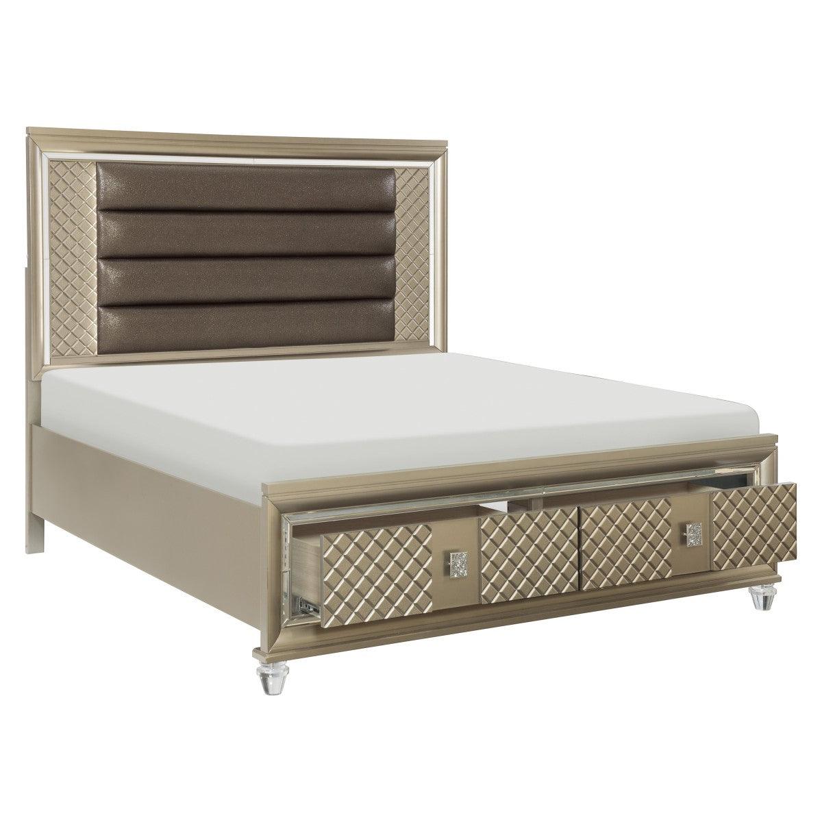 Loudon Champagne King Storage Platform Bed with storage drawers open