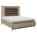 Open storage drawers of Loudon Champagne Faux Leather Queen Bed