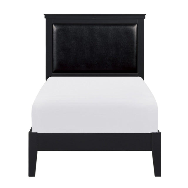 Seabright black faux leather upholstered twin youth bed front angle