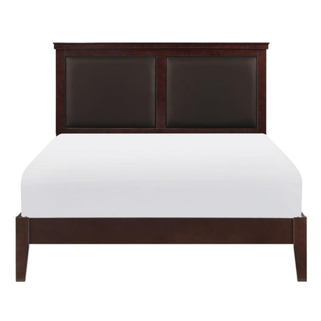 Seabright Full Platform Bed in cherry finish with faux leather upholstered headboard front view