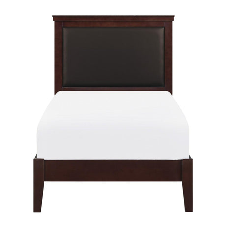 Seabright Cherry Finish Twin Youth Bed front angle showing faux leather headboard