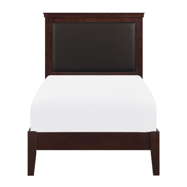 Seabright Cherry Finish Twin Youth Bed front angle showing faux leather headboard