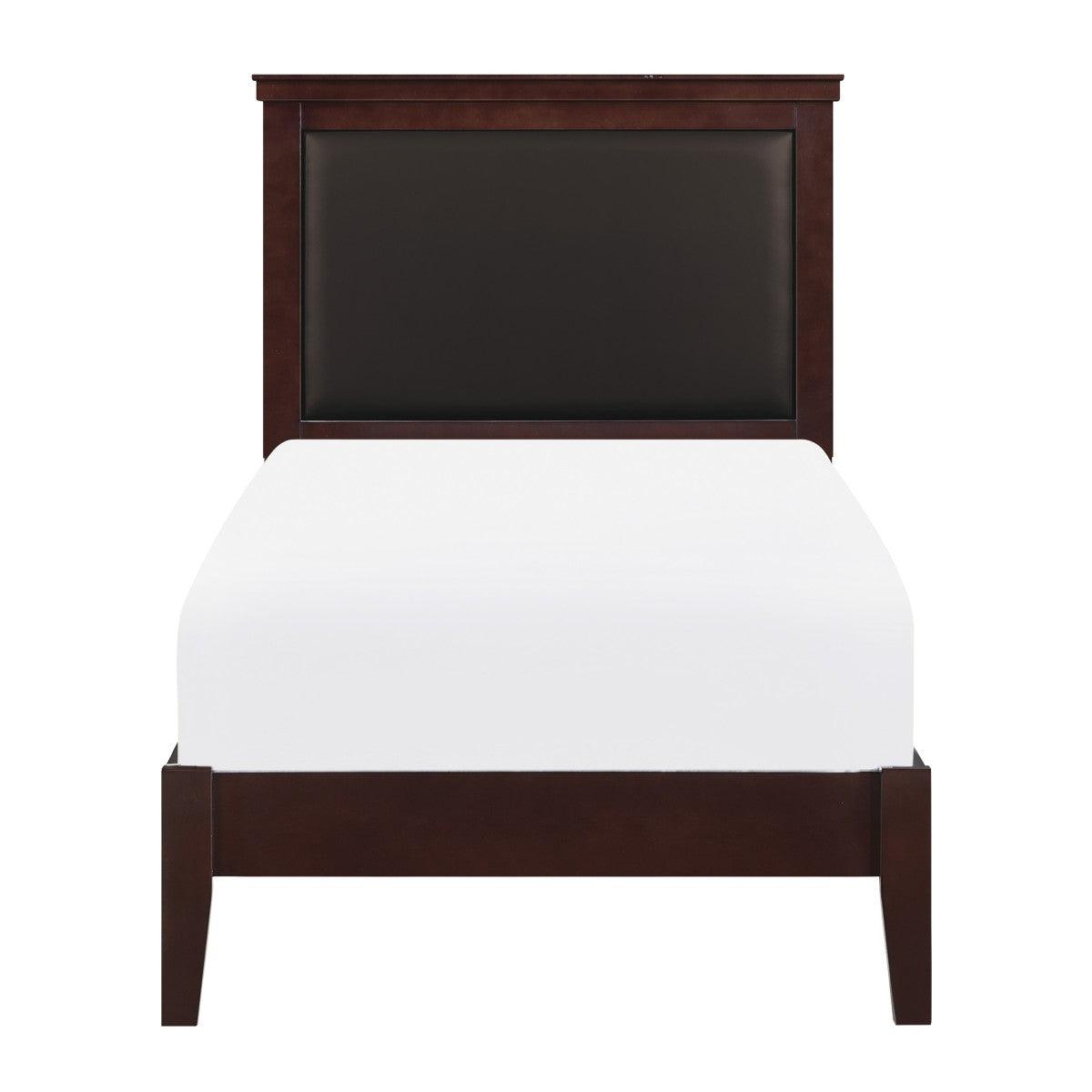 Seabright cherry finish twin bed front view with faux leather headboard