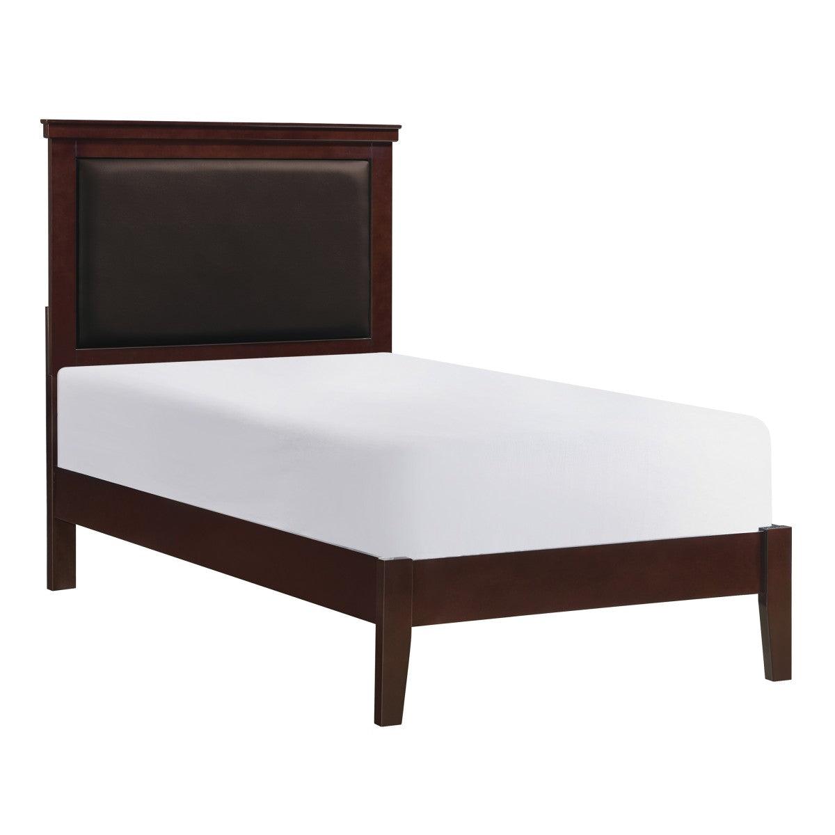 Seabright twin bed side angle showing cherry finish wood and faux leather headboard