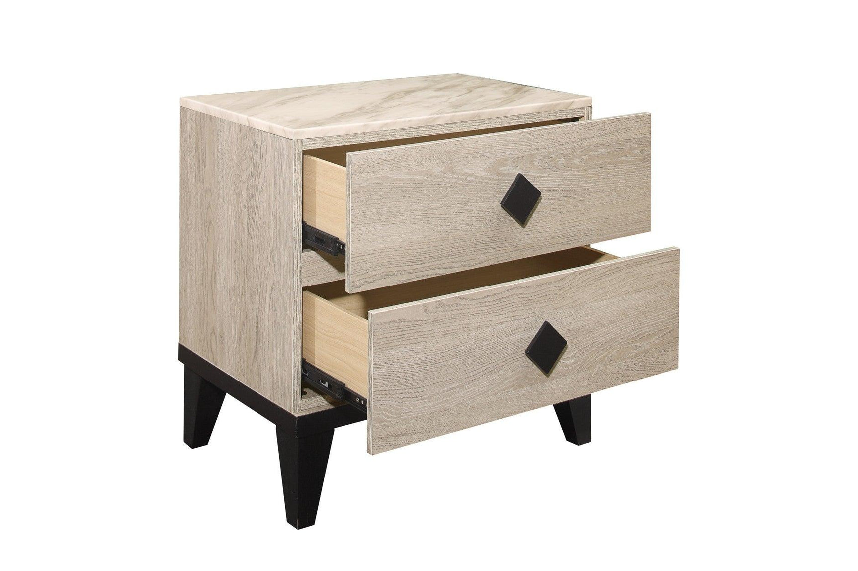 Open drawer of chest showing storage space with black hardware