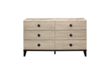 Main view of tufted panel bed with gray linen upholstery