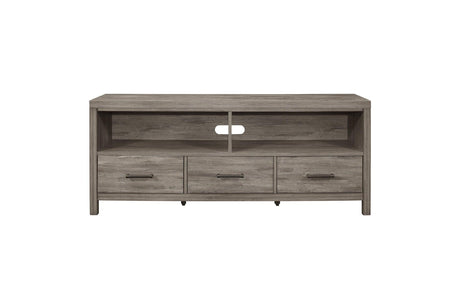 Side view of Bainbridge Gray Weathered Wood Storage TV Stand