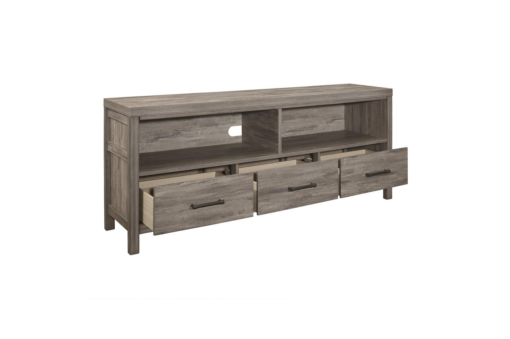 Bainbridge Gray TV Stand top view showing weathered wood laminate